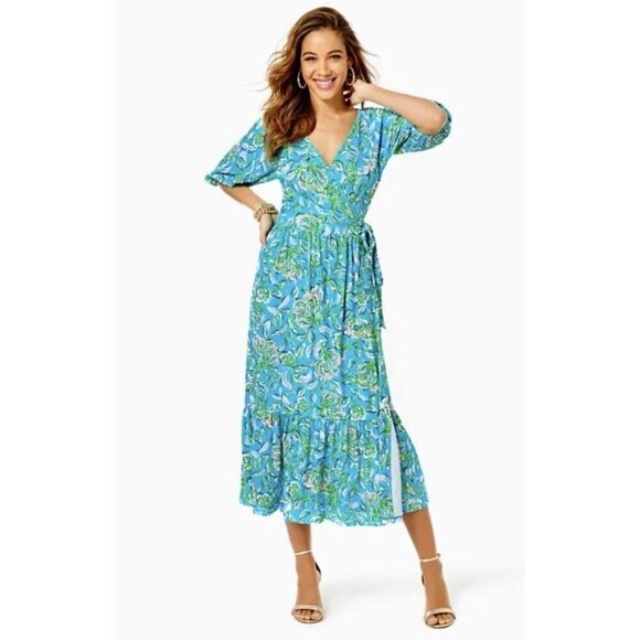 Lilly Pulitzer Dresses & Skirts - Lilly Pulitzer Brantley Midi Wrap Dress Cumulus Blue Chick Magnet Print Sz Small